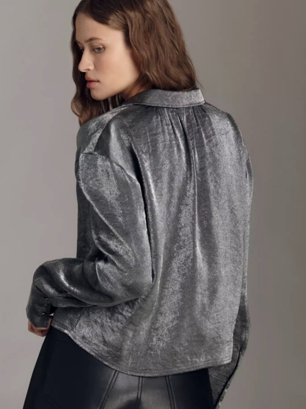 Pilcro Metallic Charcoal Satin Button-Down Shirt - Women Tops - Picture 2 of 11